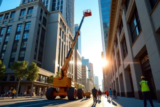 Chantier en centre-ville avec lift pour manutention de matériel lourd