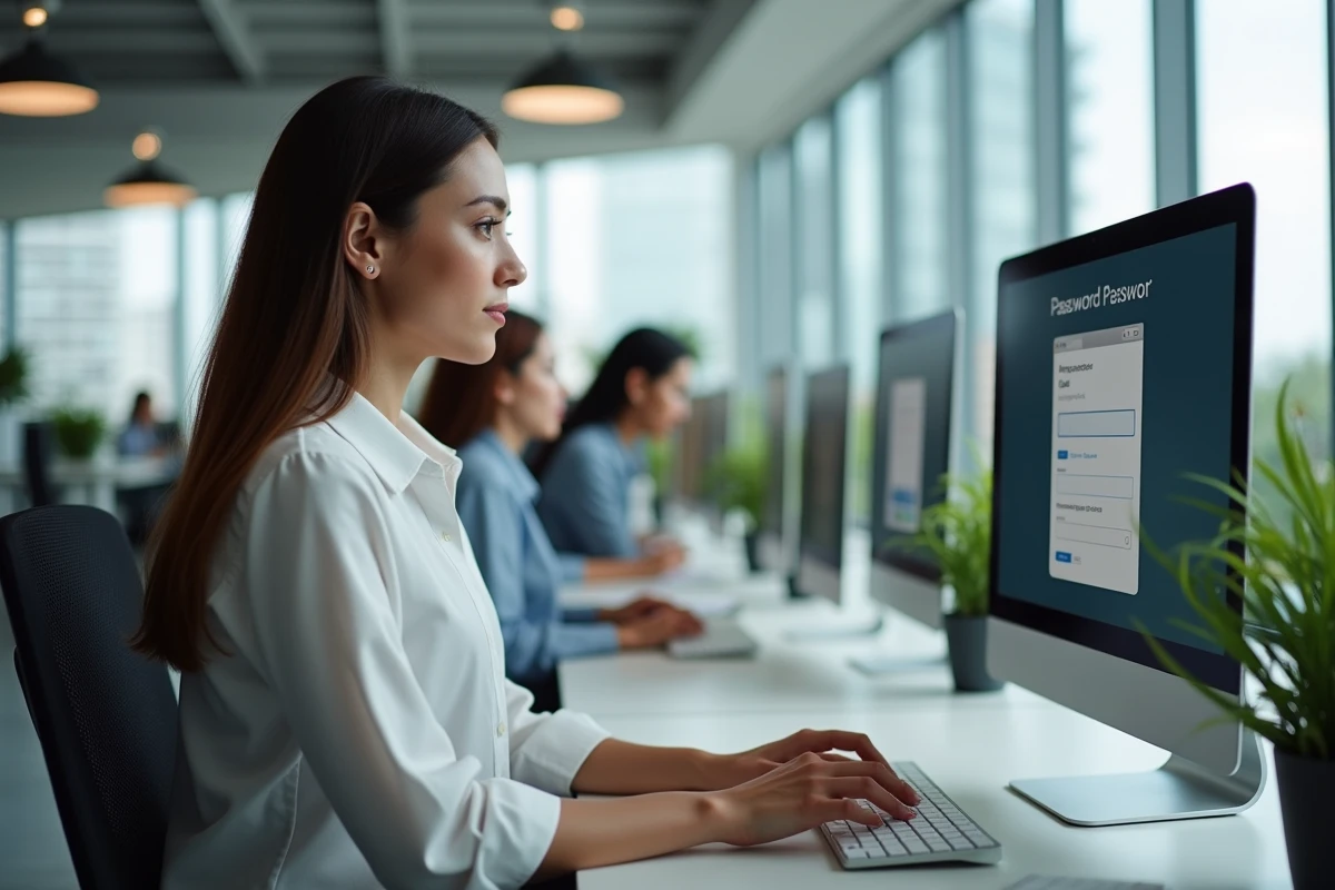 Jeune femme en open space au bureau tentant de retrouver l'accès à son compte myPrimobox via un formulaire de récupération de mot de passe