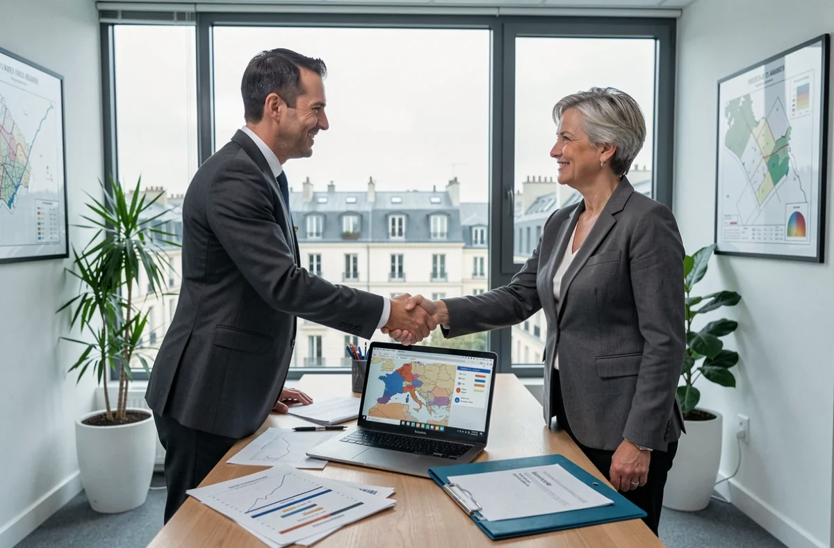 Deux professionnels concluant un accord d'implantation commerciale dans un bureau avec vue sur une ville française