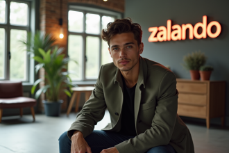 Jeune acteur stylé en studio avec branding Zalando