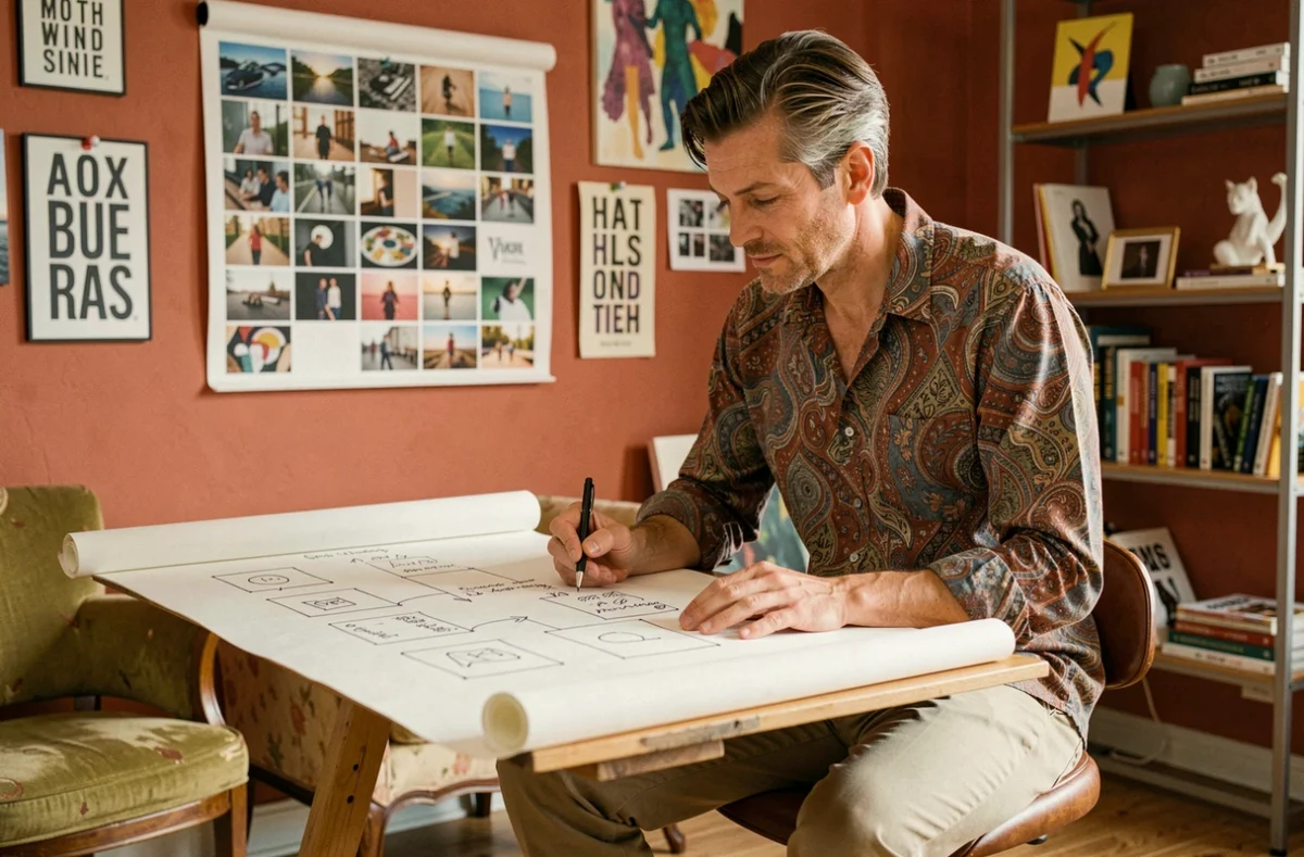Directeur créatif de l'agence Babel développant un storyboard de marque dans un studio créatif coloré à Paris