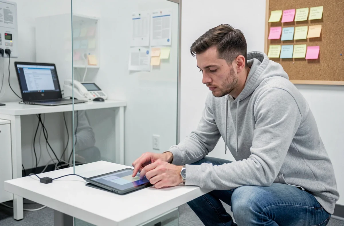 Designer UX de Feel and Clic observant un test utilisateur sur prototype dans les bureaux de l'agence à Paris