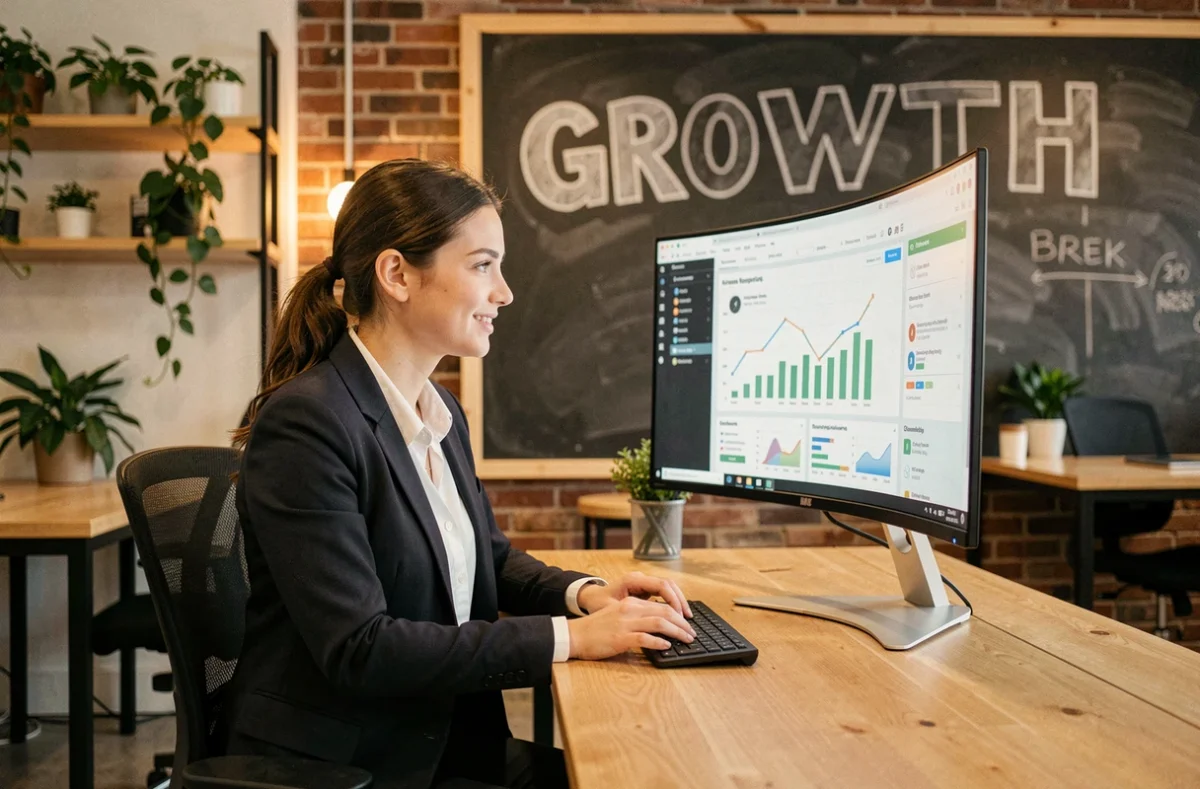 Professionnelle analysant des données de croissance dans les bureaux de l'agence Growth Room à Paris