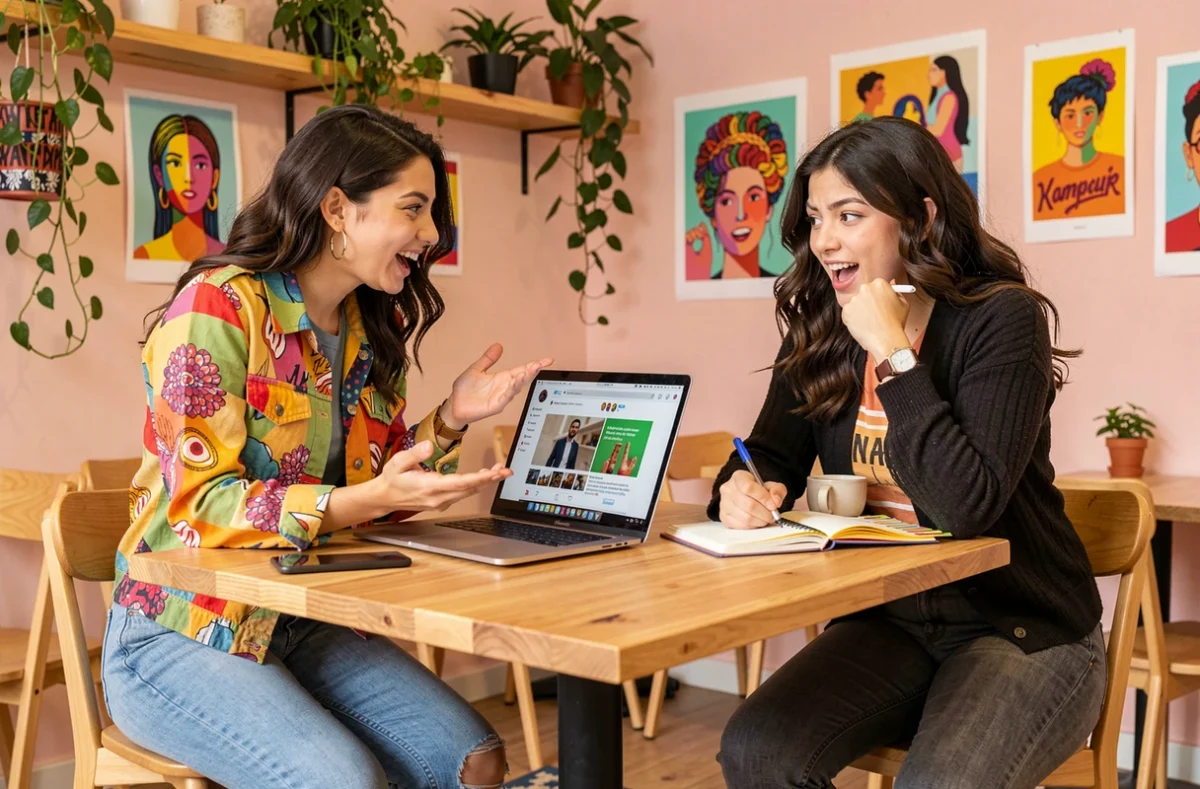 Deux créatives des Causantes en session de brainstorming pour une campagne sur les réseaux sociaux dans leur studio parisien