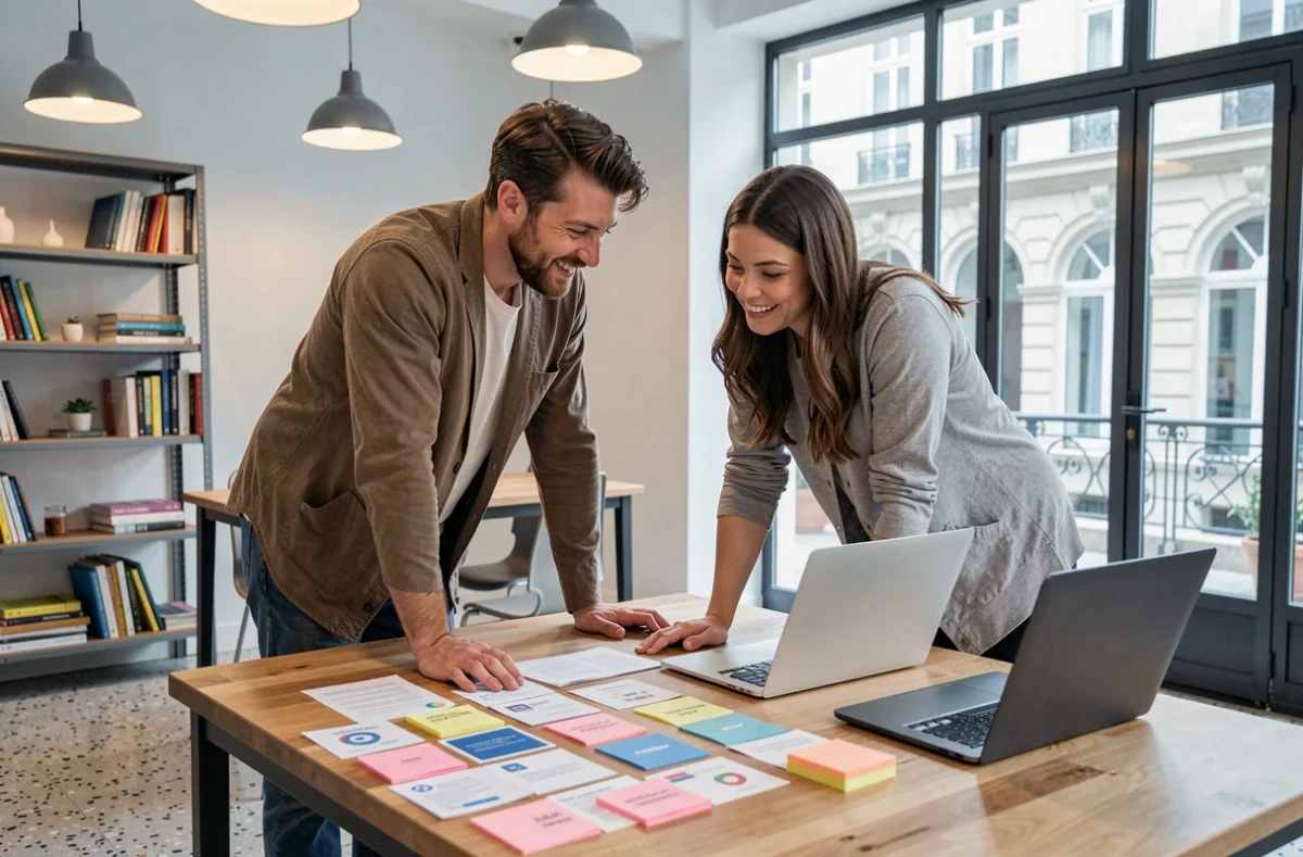 Deux membres de l'équipe Pickers collaborant sur une stratégie de contenu dans un espace de travail créatif parisien