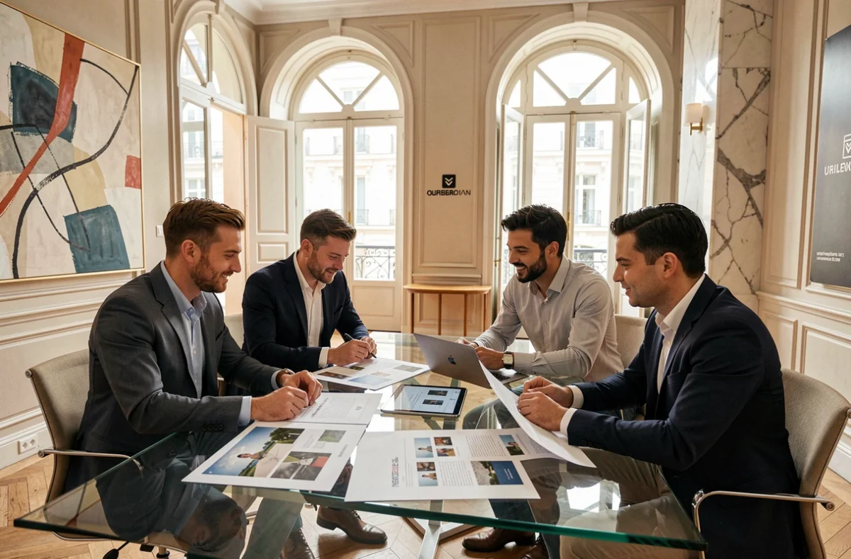 Équipe de l'agence Publicis en réunion créative autour d'une table de conférence dans leurs bureaux parisiens