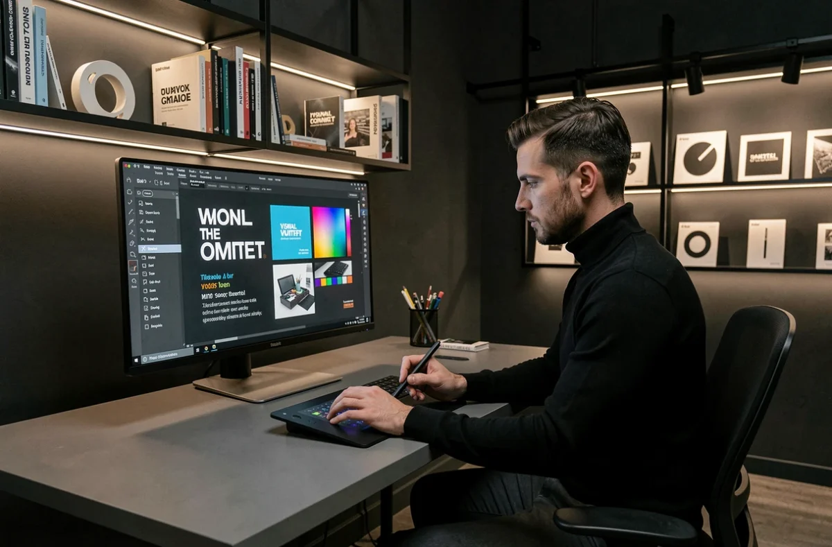 Designer graphique de RG Design travaillant sur un système visuel de marque sur son poste de travail professionnel à Paris