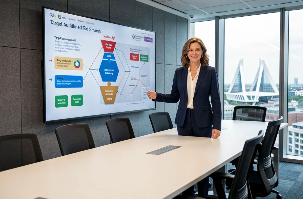 Directrice de l'agence Target Web présentant une stratégie de ciblage digital devant un écran interactif à La Défense