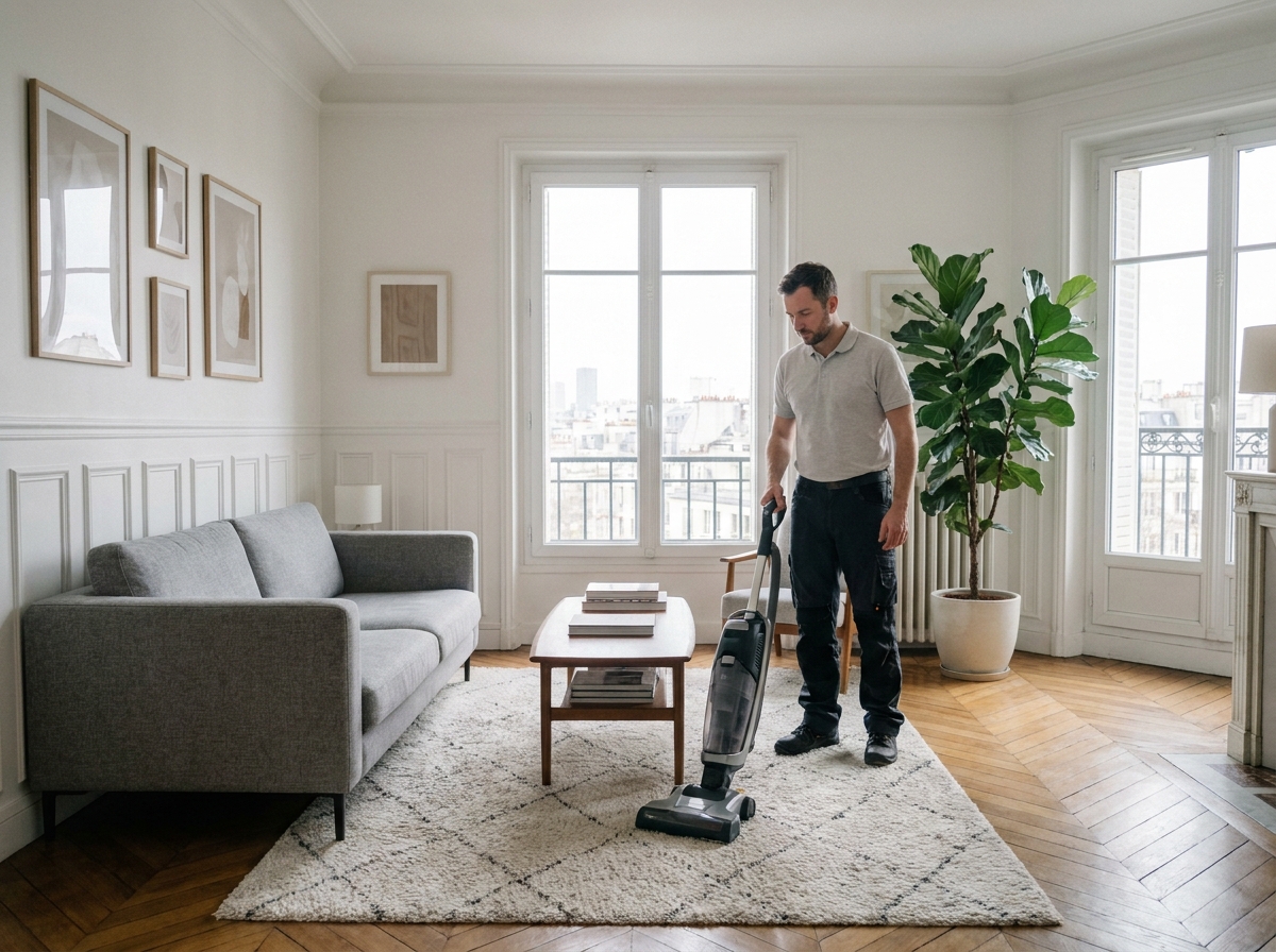 Agent de ménage à domicile passant l'aspirateur dans un salon moderne à Puteaux