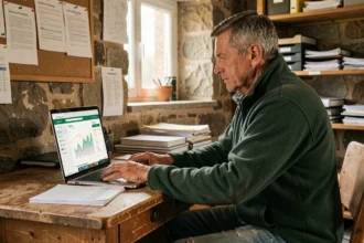 Agriculteur adhérent Cooperl consultant l'extranet coopératif sur son ordinateur portable dans un bureau de ferme rustique