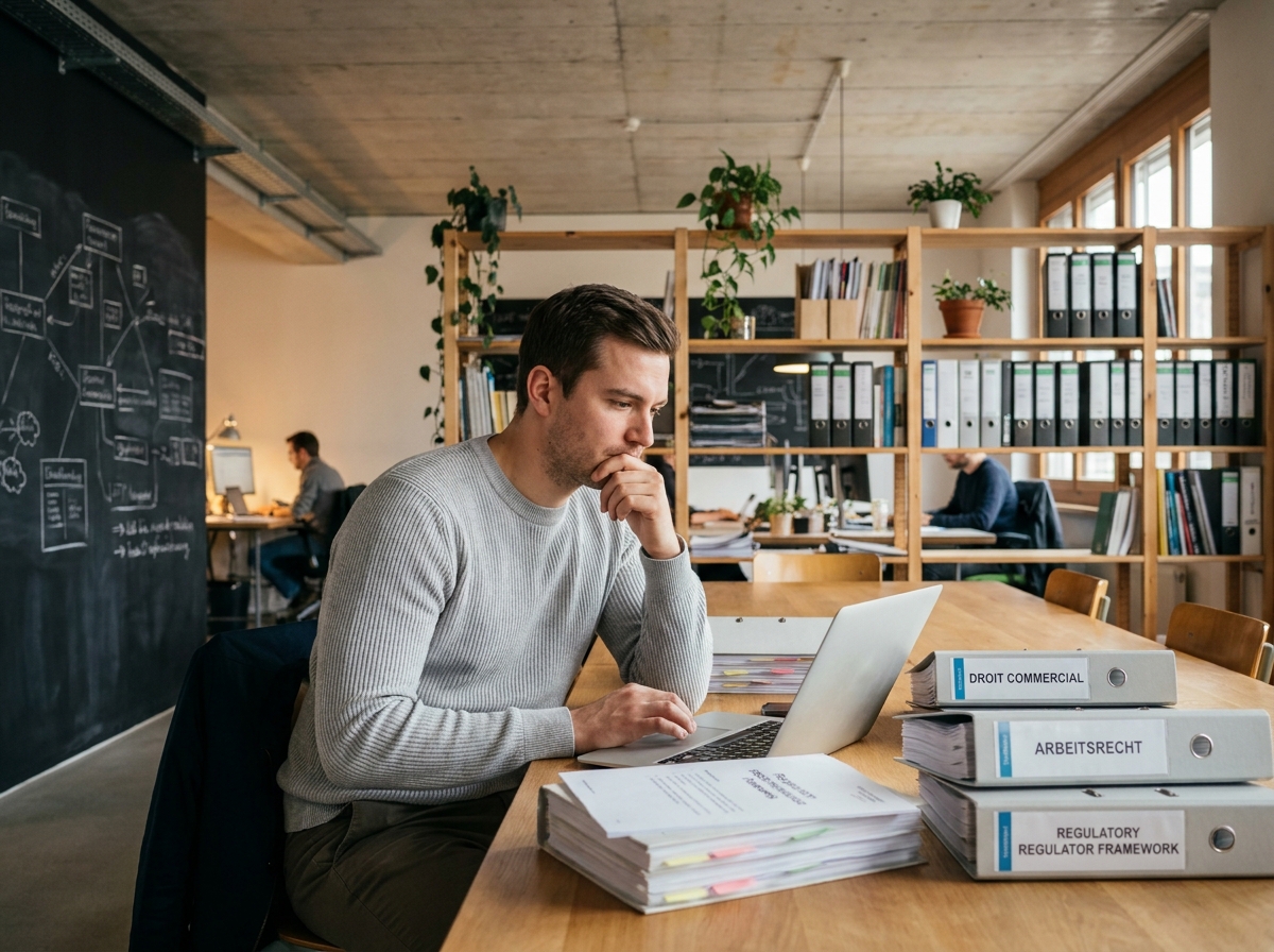 Jeune professionnel analysant des cadres juridiques suisses dans un espace de coworking à Bâle entouré de classeurs réglementaires
