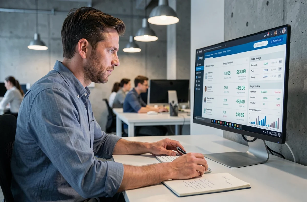 Entrepreneur analysant les données d'un partenaire commercial sur une plateforme de vérification d'entreprise