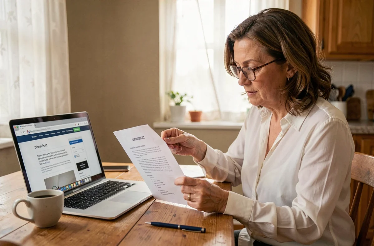 Femme analysant attentivement une notification de licenciement pour faute grave à son domicile