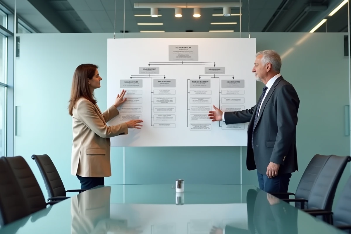 Deux professionnels analysant l'organigramme et les rôles dans une entreprise lors d'une réunion d'affaires