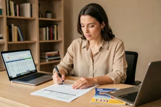 Femme analyseant la rentabilité d'un point de vente FDJ Profession jeu à son bureau
