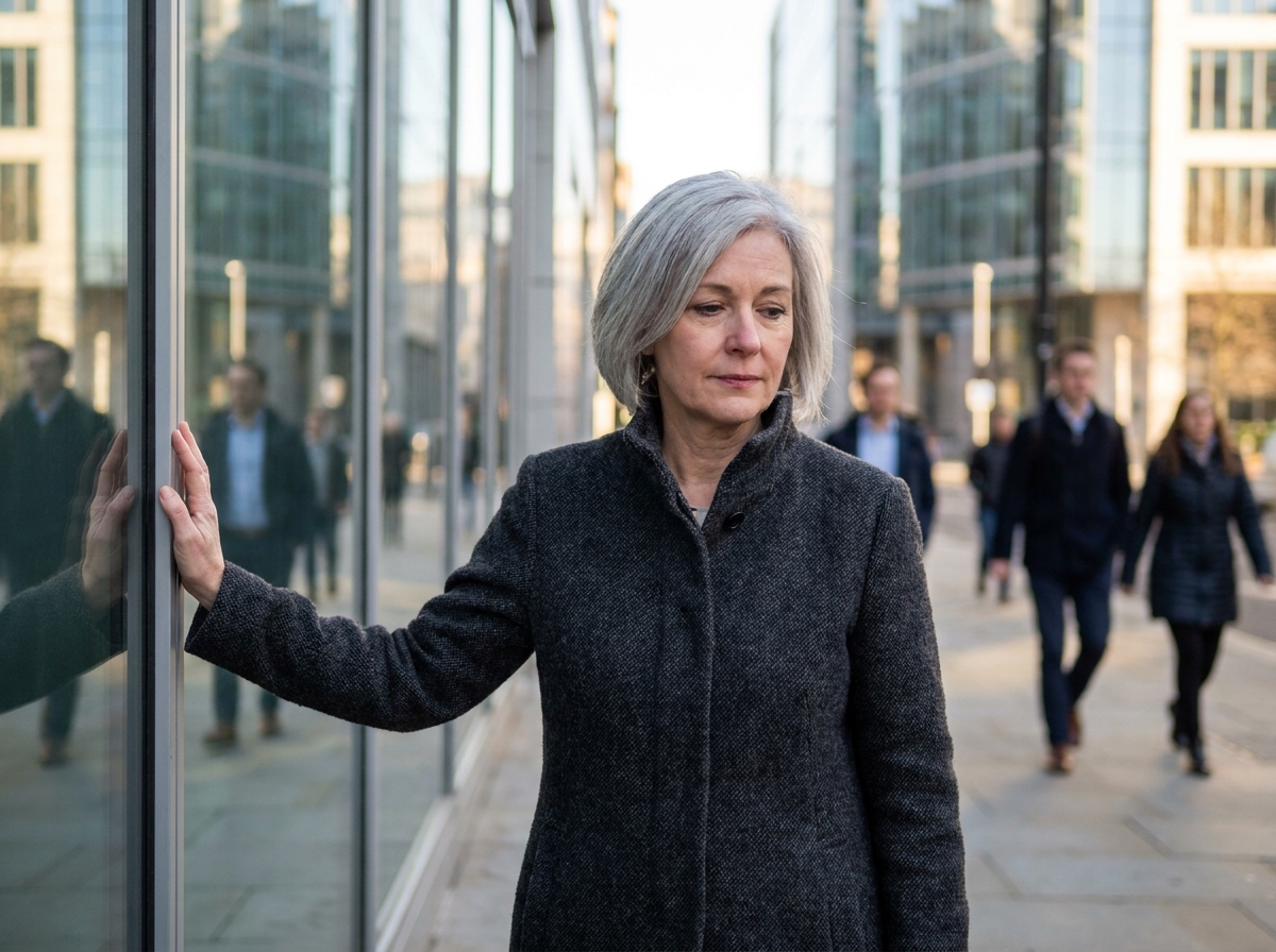 Femme dirigeante devant le bâtiment de son ancienne entreprise après la cession, expression mélancolique et contemplative