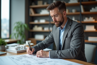 Architecte homme en costume gris dans un bureau moderne