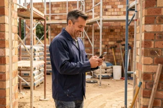 Artisan du bâtiment consultant son smartphone sur un chantier de construction pour gagner du temps grâce à des outils numériques