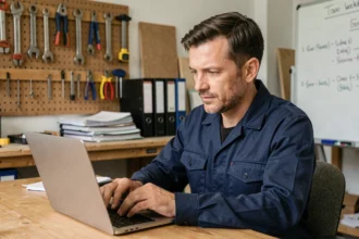 Artisan du bâtiment consultant la plateforme mon-cercle-btp.fr sur son ordinateur portable dans un bureau de chantier organisé