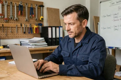 Artisan du bâtiment consultant la plateforme mon-cercle-btp.fr sur son ordinateur portable dans un bureau de chantier organisé