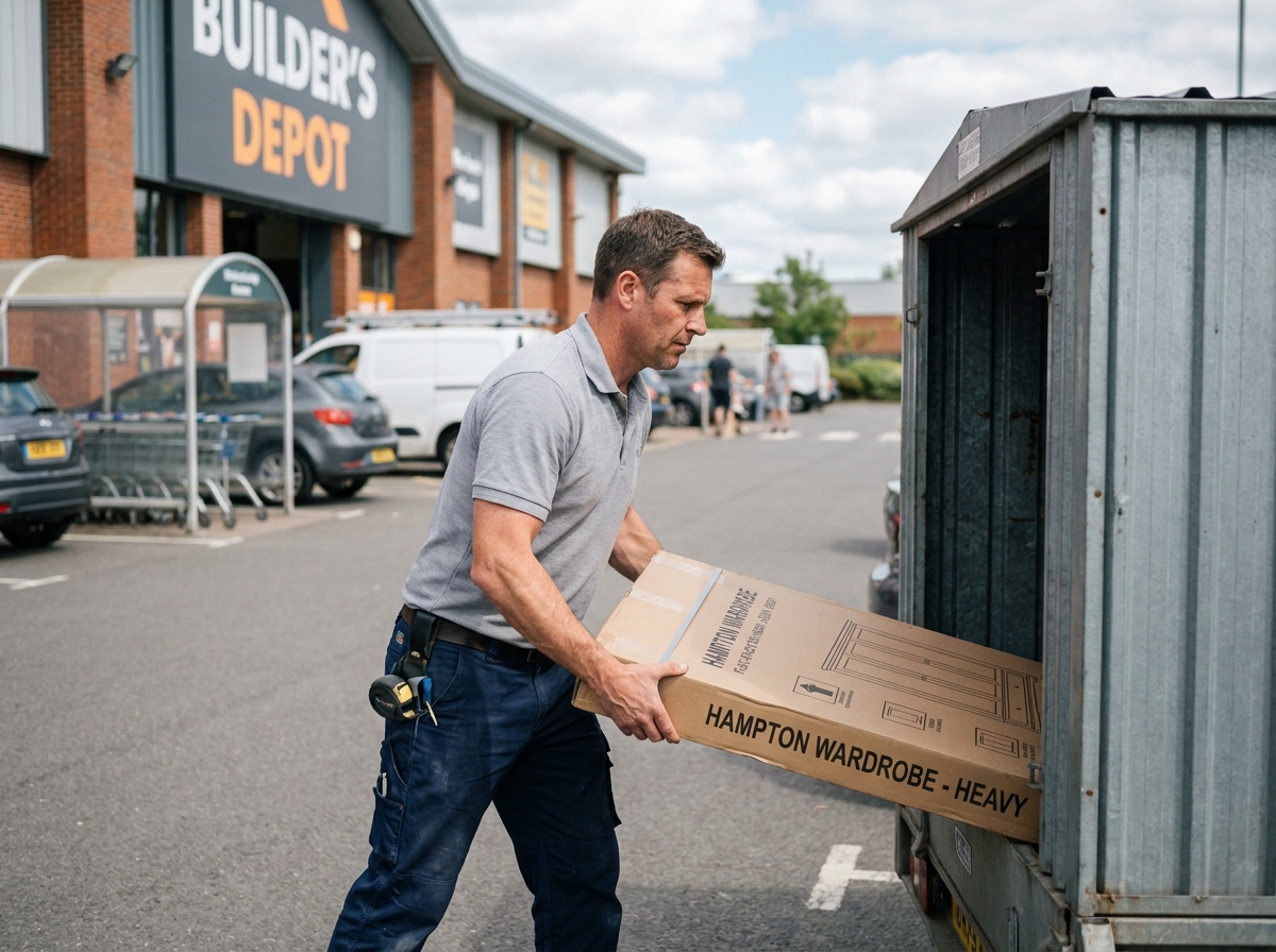 Artisan chargeant des cartons dans une remorque fourgon devant un magasin de bricolage