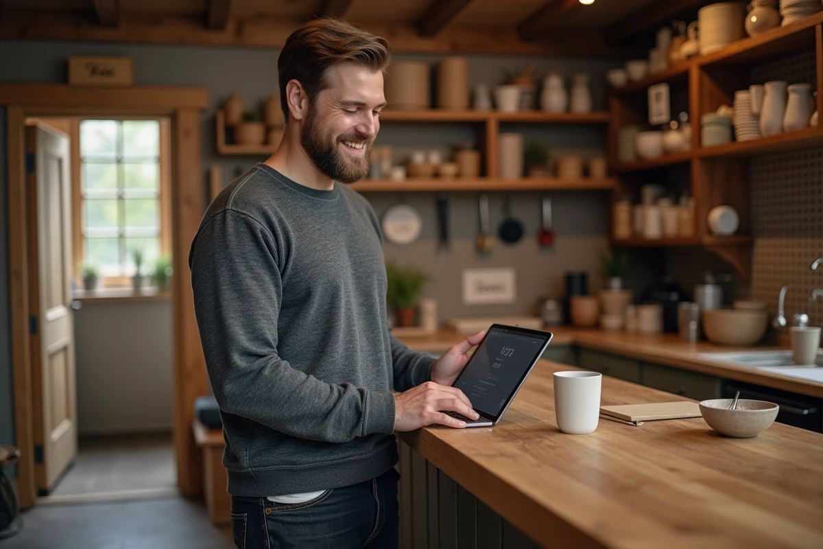 Artisan TPE consultant un portail partenaire-entreprise sur tablette dans sa boutique artisanale