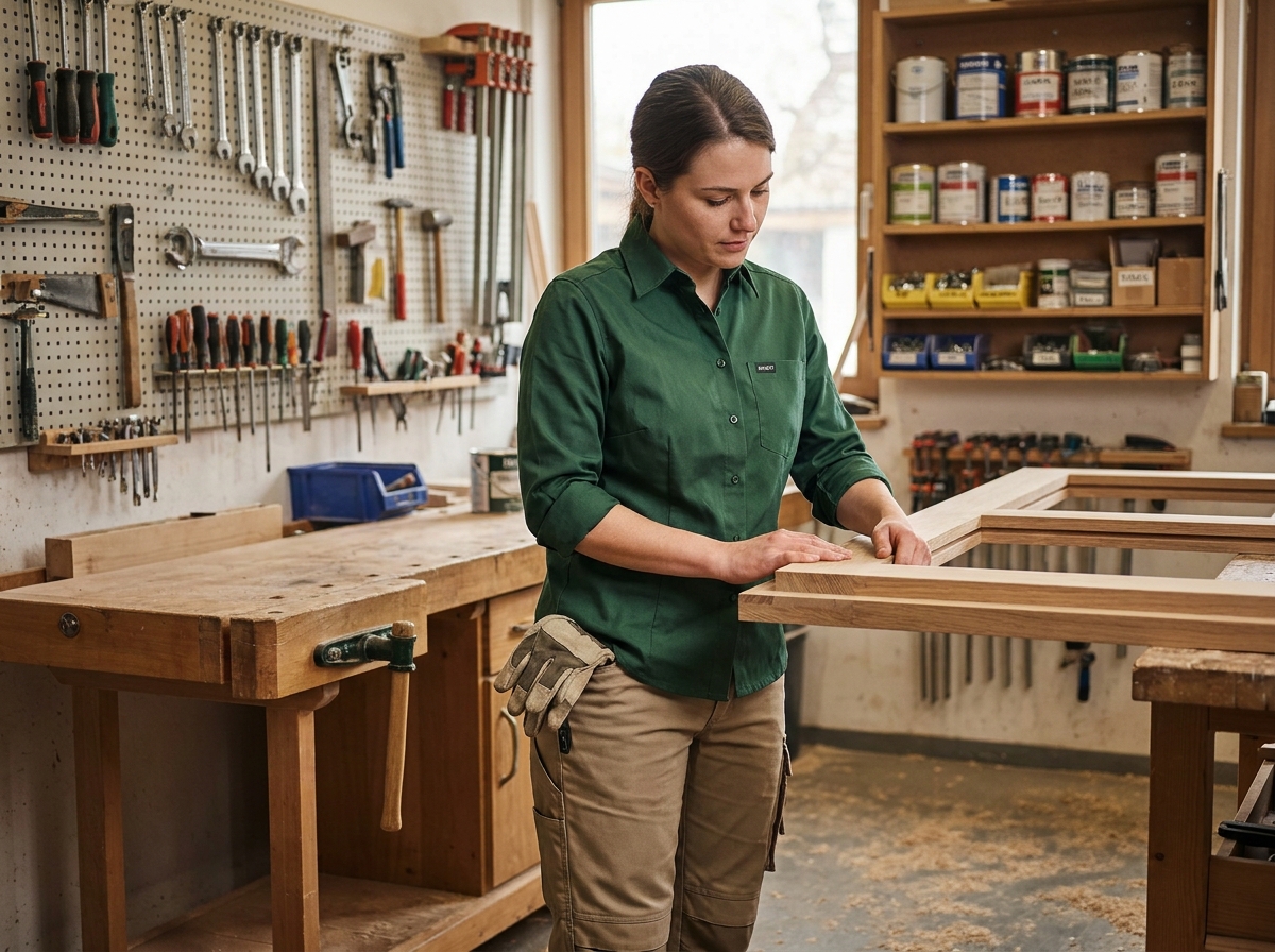 Artisane menuisière en chemise de travail verte Hakro inspectant un composant en bois dans un atelier professionnel