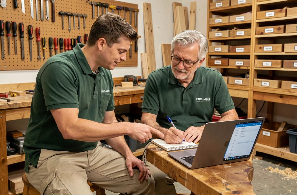 Deux artisans menuisiers collaborant sur un logiciel de gestion de chantier depuis leur atelier pour améliorer leur productivité