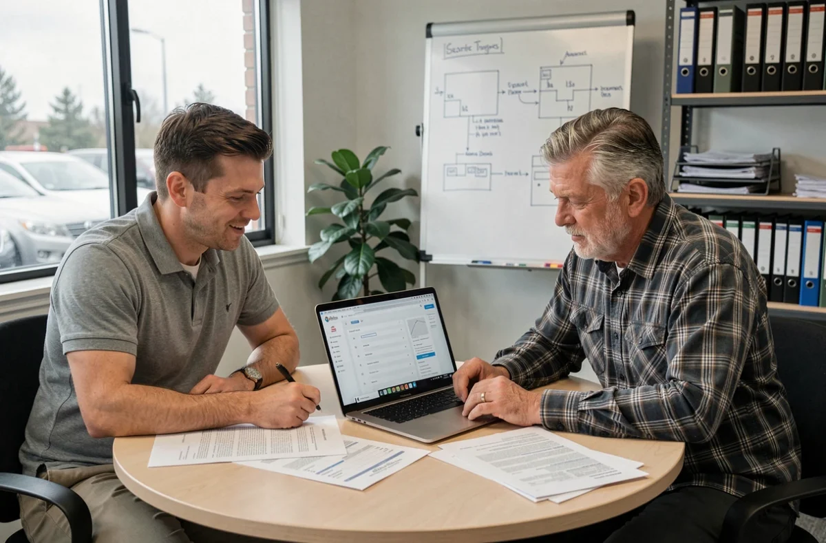 Deux artisans d'une PME du bâtiment collaborant autour d'un contrat et d'une plateforme professionnelle en ligne dans leur bureau