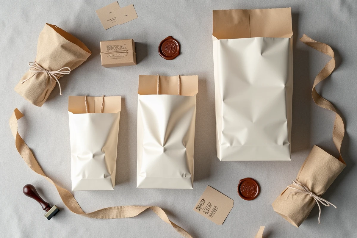 Assortiment de sacs papier personnalisés en petite quantité avec accessoires d'emballage pour boutique en ligne sur fond lin gris