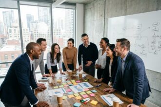 Groupe de collaborateurs engagés dans un atelier team building autour d'une grande table dans une salle de réunion moderne louée