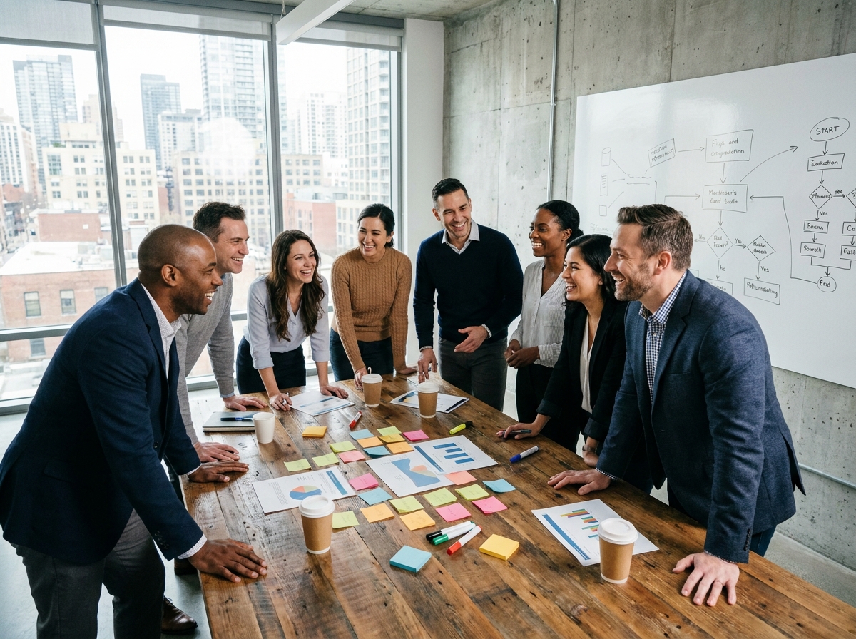 Groupe de collaborateurs engagés dans un atelier team building autour d'une grande table dans une salle de réunion moderne louée