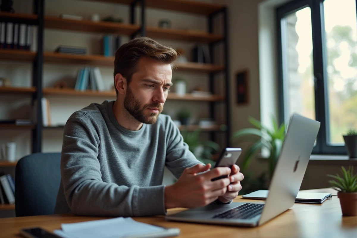 Homme utilisant l'authentification à deux facteurs sur smartphone pour sécuriser l'accès à un portail métier depuis son bureau à domicile