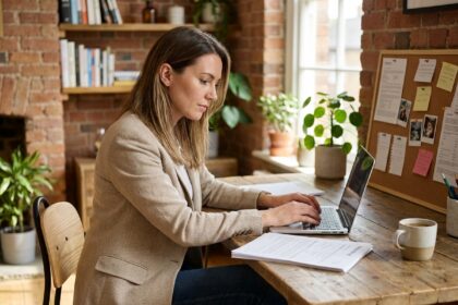 Auto-entrepreneuse consultant des documents d'assurance sur son bureau à domicile pour choisir la couverture adaptée à son activité
