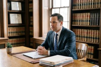 Avocat en droit commercial assis à son bureau dans un cabinet juridique professionnel entouré de documents légaux