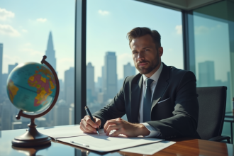 Avocat confiant dans un bureau moderne avec globe et skyline