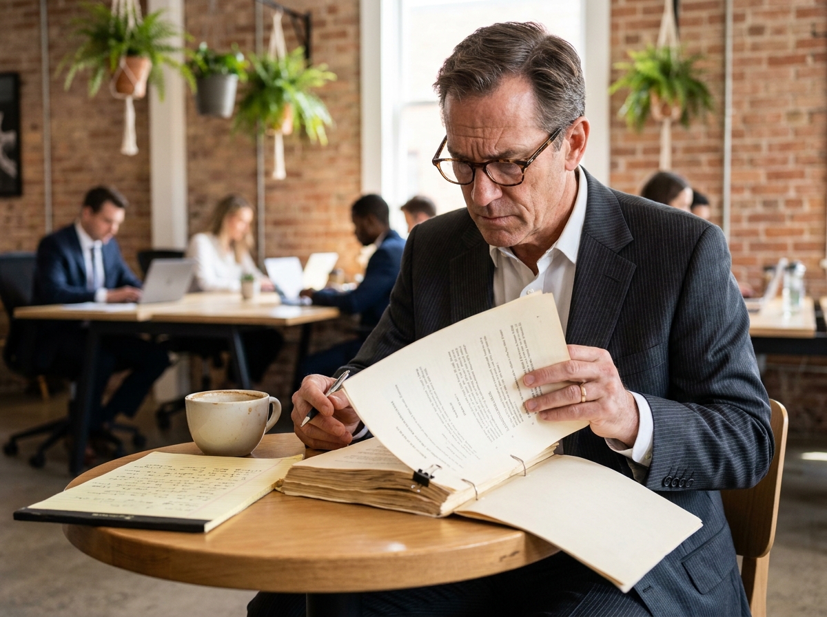 Avocat spécialisé en droit commercial relisant attentivement un contrat juridique dans un espace de travail moderne