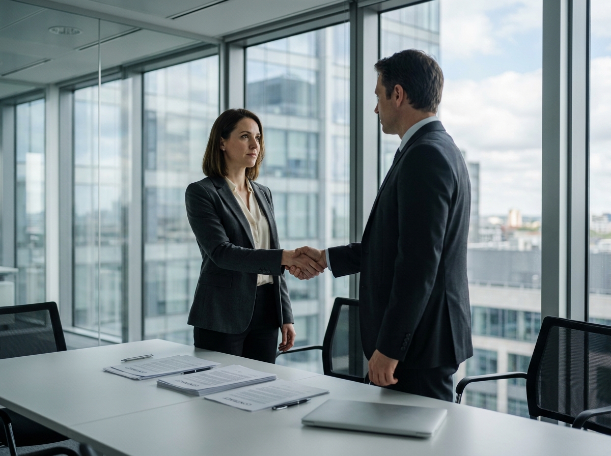 Avocate en droit commercial serrant la main d'un client lors d'une réunion dans une salle de conférence moderne