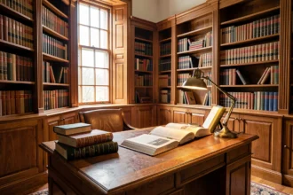 Bibliothèque de droit avec recueils de jurisprudence ouverts sur un bureau