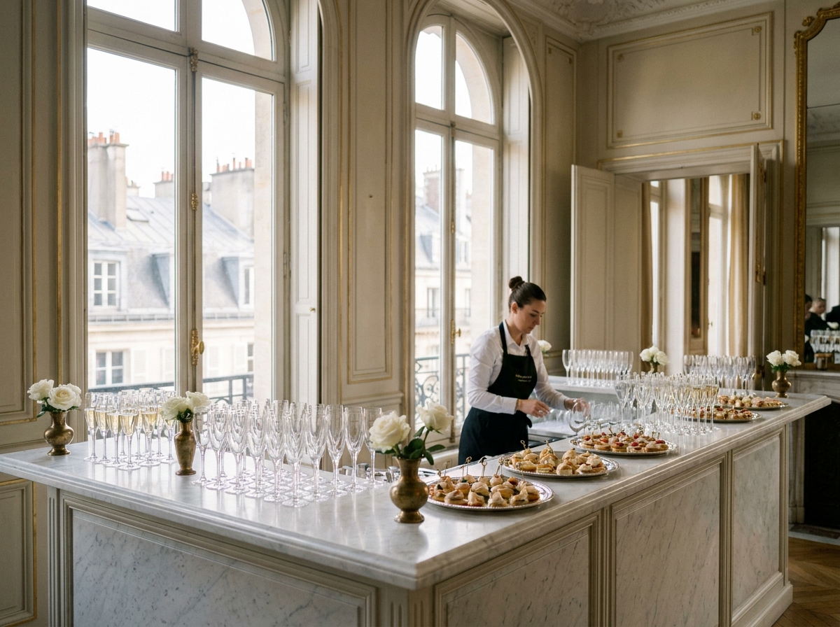 Buffet cocktail élégant préparé par un traiteur parisien avec flûtes et canapés dans un appartement haussmannien