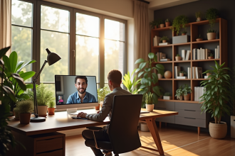 Bureau moderne avec personne en visioconference pour article