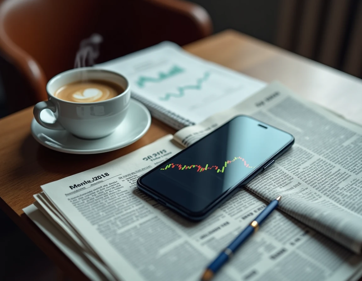 Vue aérienne d'un bureau en bois avec journaux financiers, smartphone affichant un indice boursier, notes manuscrites et café espresso pour illustrer l'analyse d'investissement