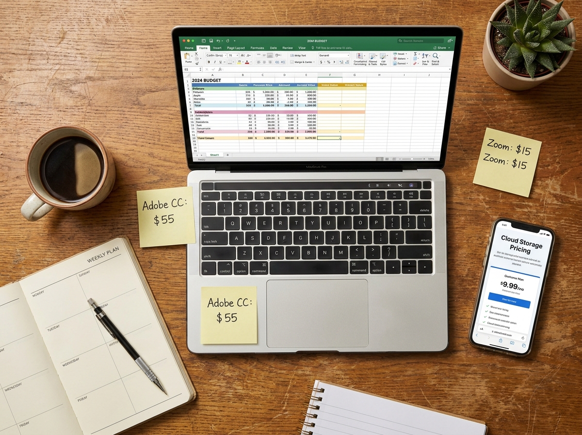 Vue aérienne d'un bureau avec ordinateur portable, notes de budget informatique et outils de planification pour une création d'entreprise