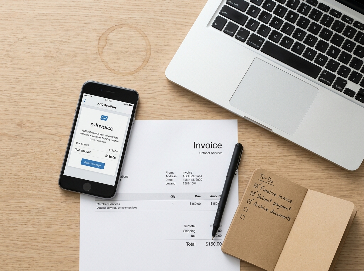 Vue aérienne d'un bureau avec factures papier, ordinateur et smartphone illustrant la transition numérique