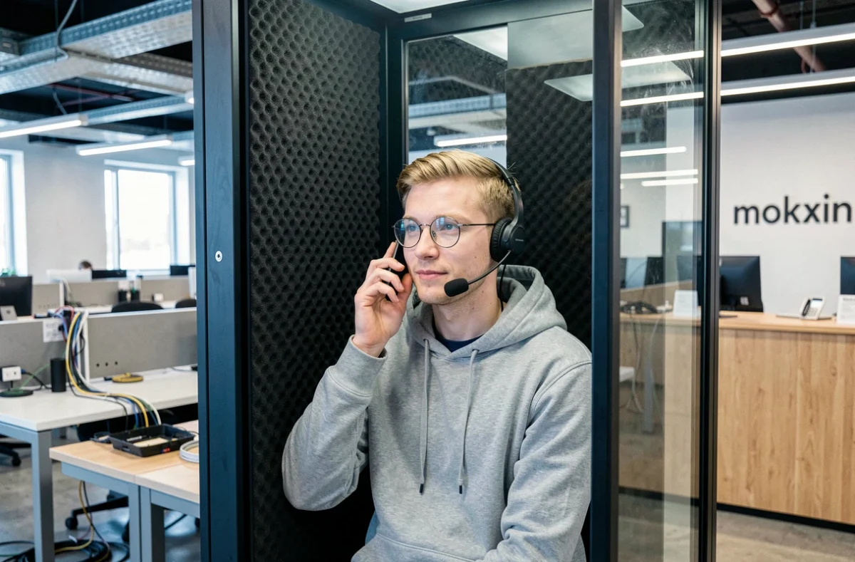 Jeune freelance en cabine téléphonique dans un espace de coworking à Clermont-Ferrand
