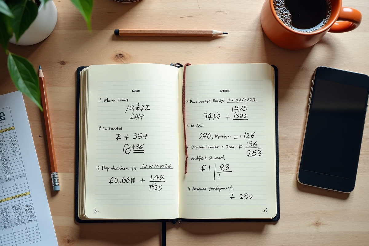 Vue aérienne d'un bureau avec cahier de calculs de valorisation EBITDA, tableur financier et outils d'analyse pour une fusion-acquisition