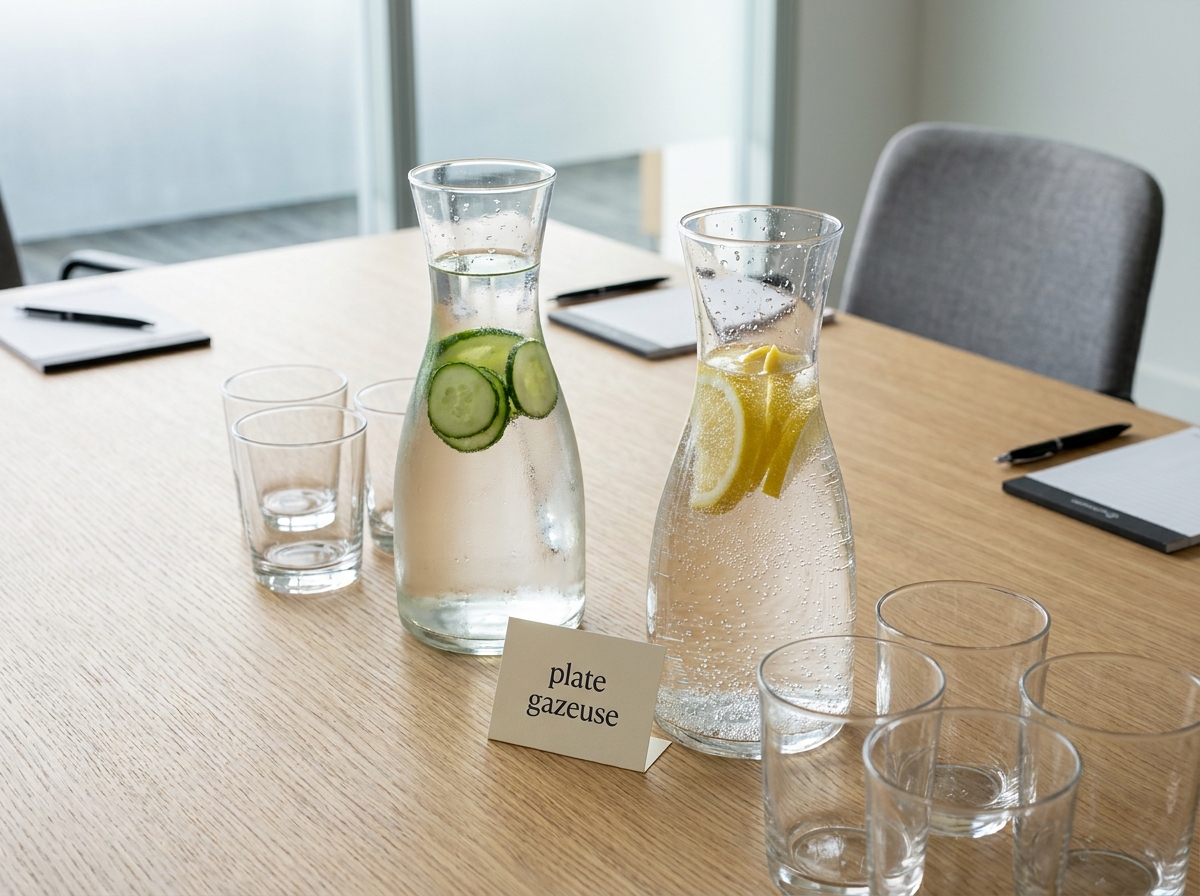 Deux carafes d'eau plate et gazeuse sur une table de réunion avec des verres et des agrumes