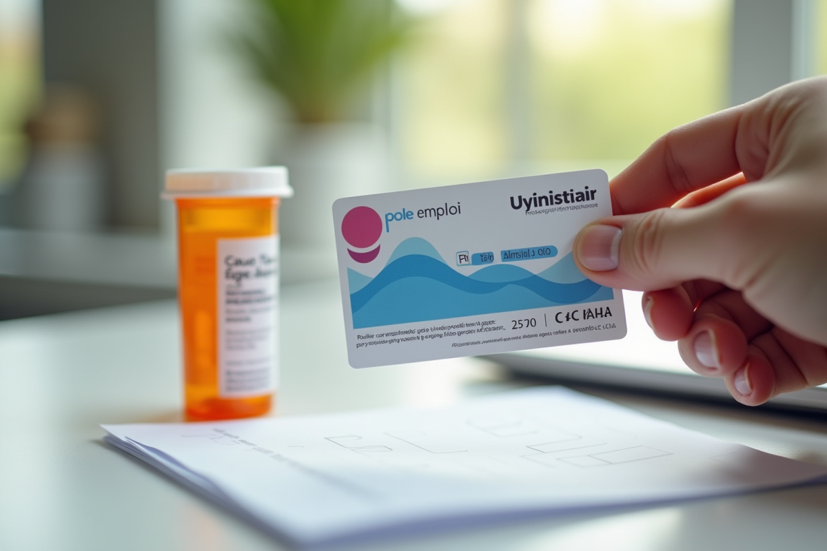 Carte Pôle Emploi et médicament sur un bureau lumineux