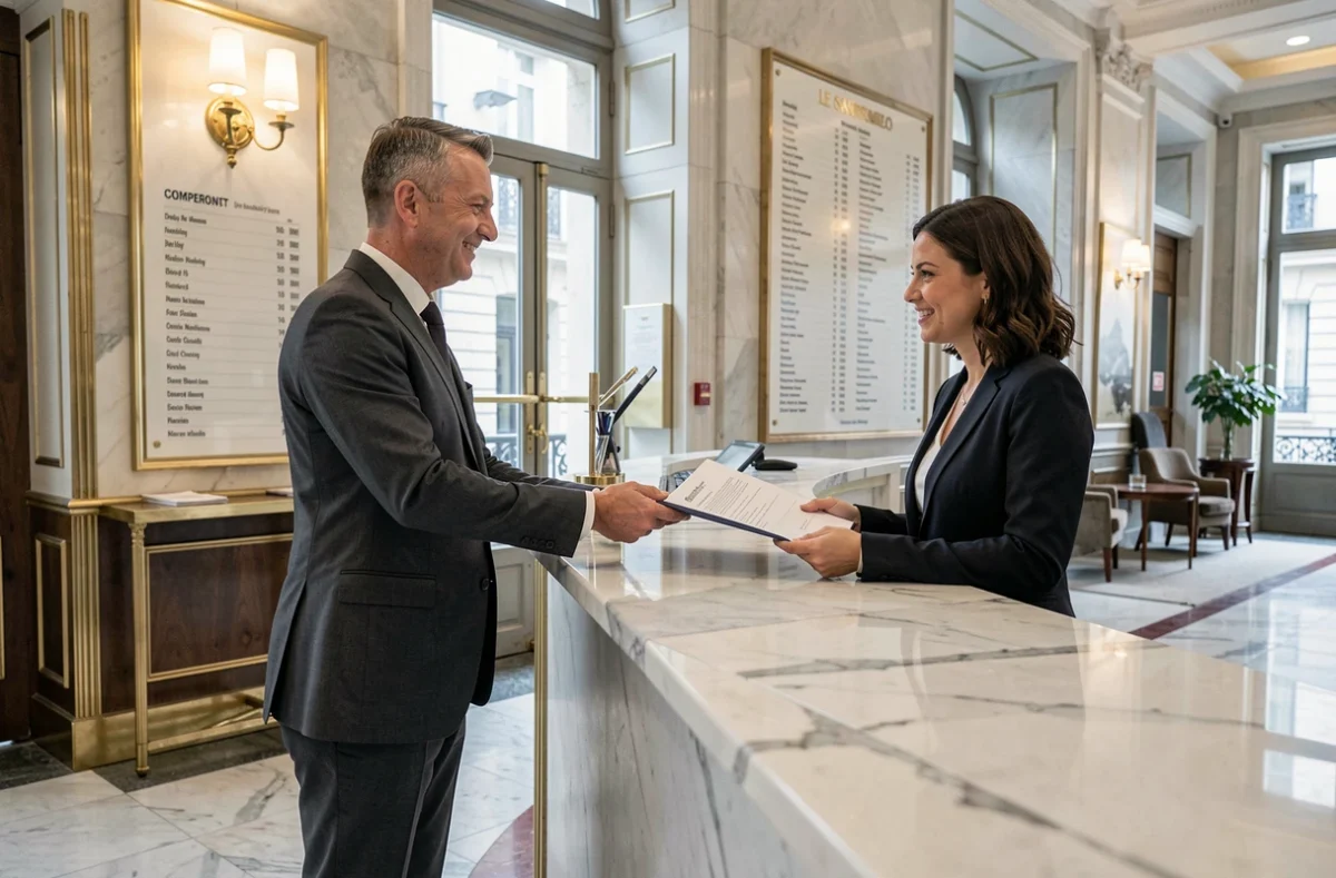 Entrepreneur déposant des documents de domiciliation dans un centre d'affaires parisien haussmannien