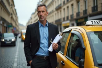 Homme taxi parisien confiant avec documents et clé